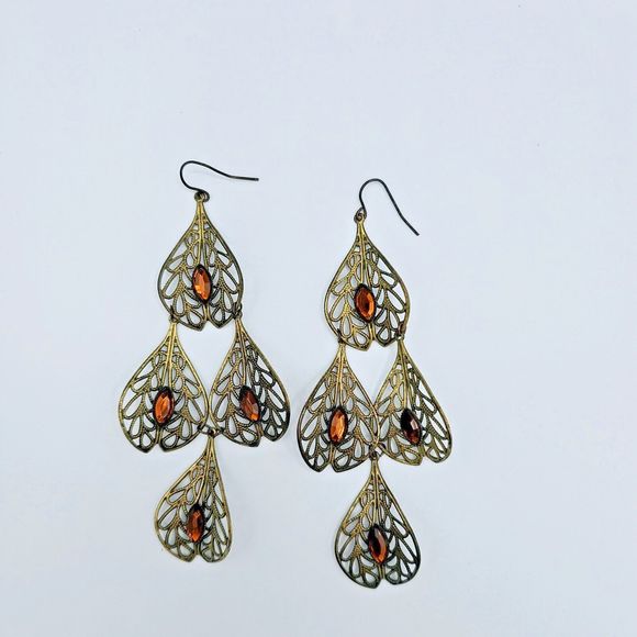 Filigree Leaf Earrings Vintage Long Chandelier Brown Marquise Gem Dangle Drop - Picture 7 of 8